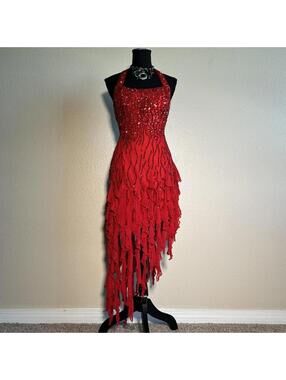 Vintage Scala Y2K Scala Red Beaded Sequin Halter Dress Asymmetrical Ruffle Hem